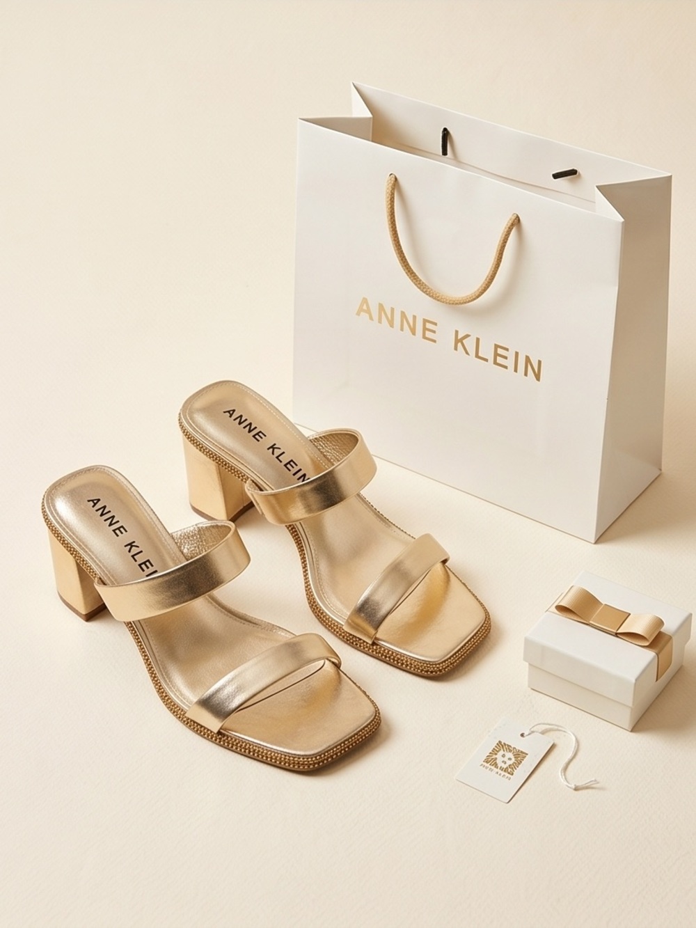 Anne Klein Metallic Gold Double-Strap Block Heel Mules